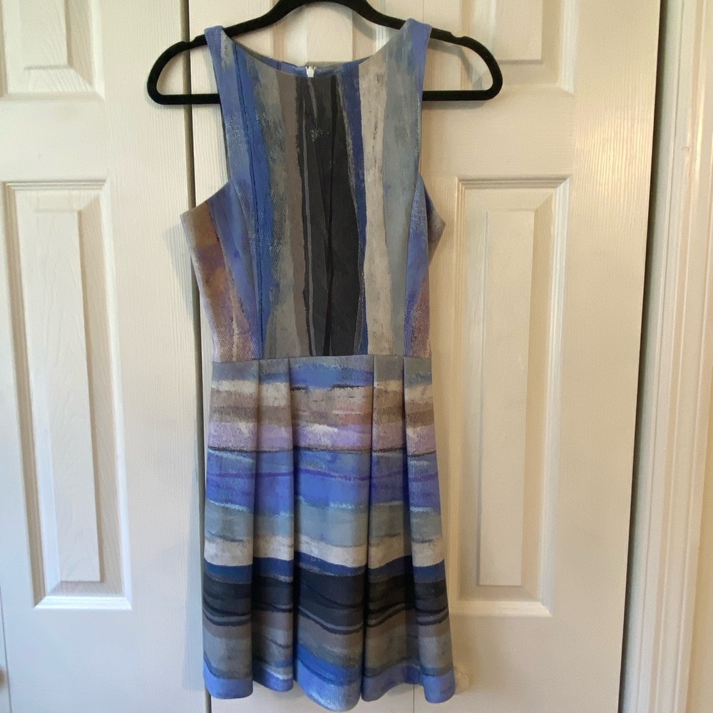 Black Halo Blue and Black Scuba Fabric Striped Mini Dress